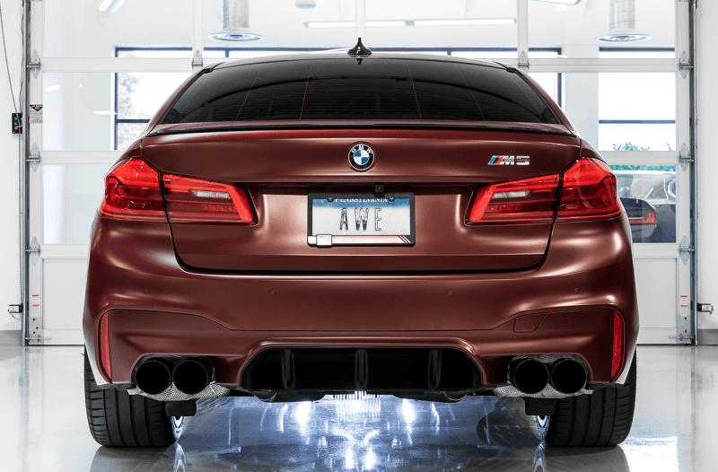 AWE Tuning 18-19 BMW M5 (F90) 4.4T AWD Cat-back Exhaust - Track Edition (Diamond Black Tips) - SpeedCave