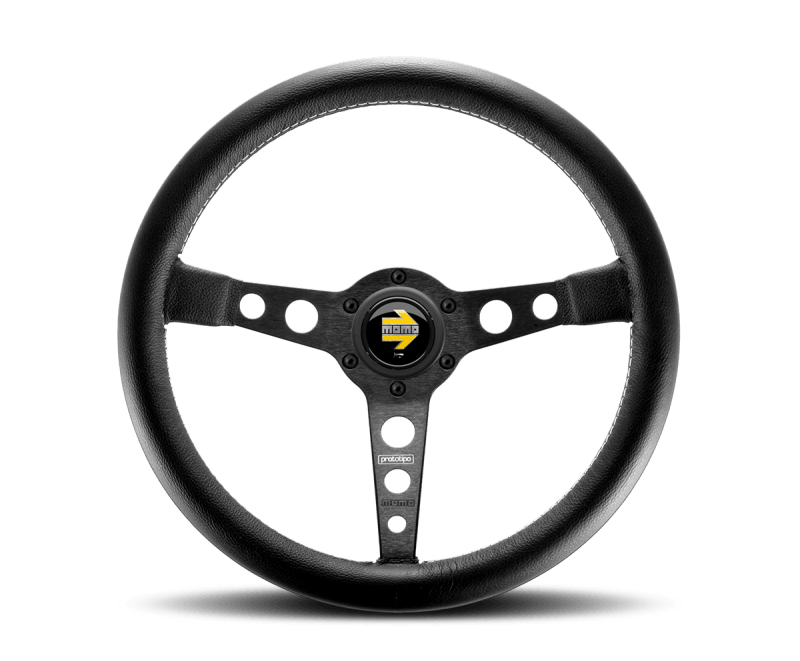 Momo Prototipo Steering Wheel 350 mm - Black Leather/Wht Stitch/Black Spokes