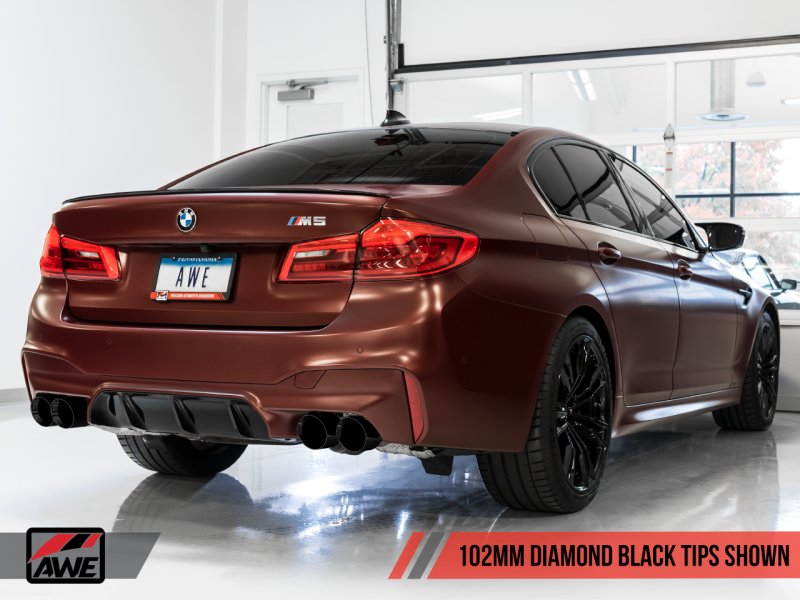 AWE Tuning 18-19 BMW M5 (F90) 4.4T AWD Cat-back Exhaust - Track Edition (Diamond Black Tips) - SpeedCave