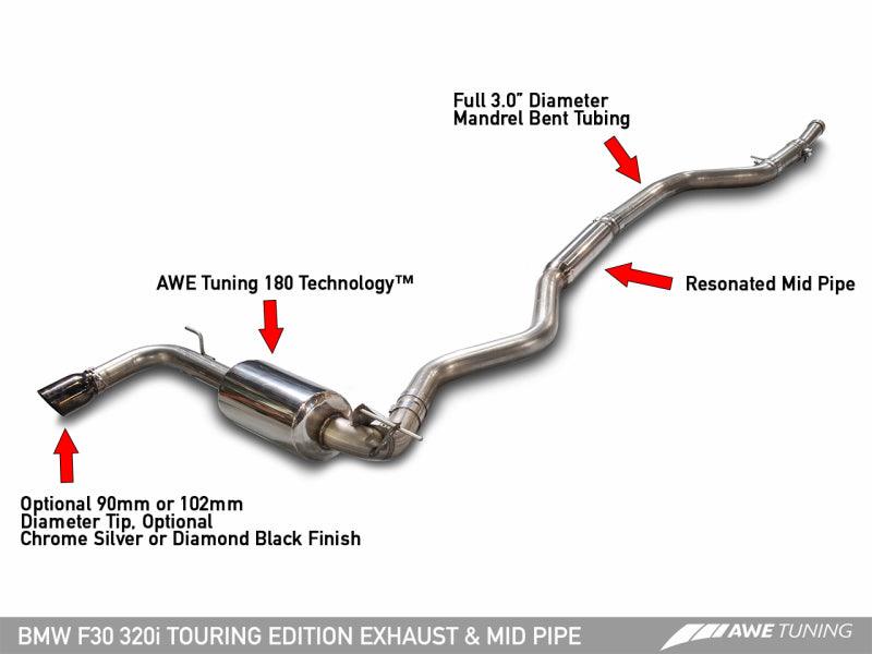 AWE Tuning BMW F30 320i Touring Exhaust w/Performance Mid Pipe - Diamond Black Tip (90mm) - SpeedCave